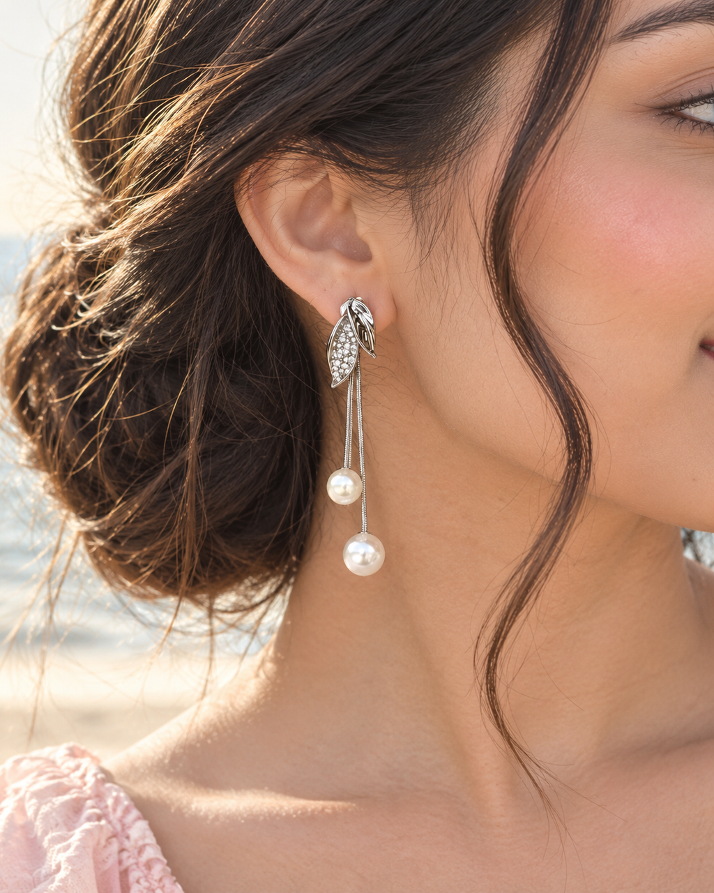 Pearl Drop Earrings | Crystal Leaf Design
