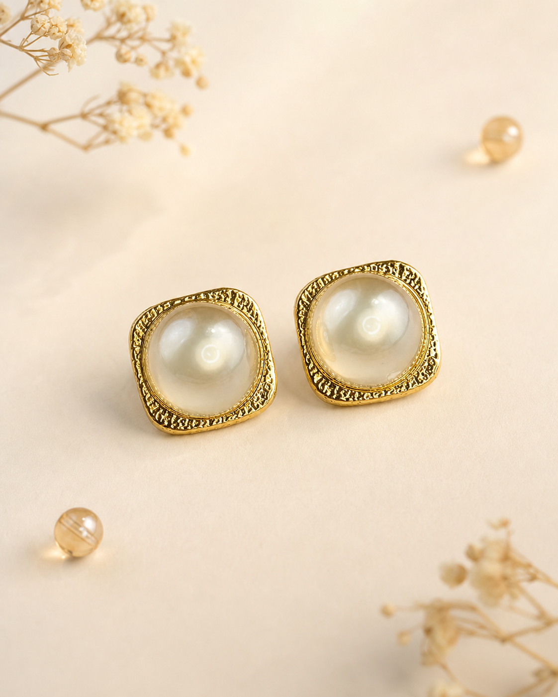 Golden Pearl Stud Earrings for Women | Elegant Square Statement Earrings