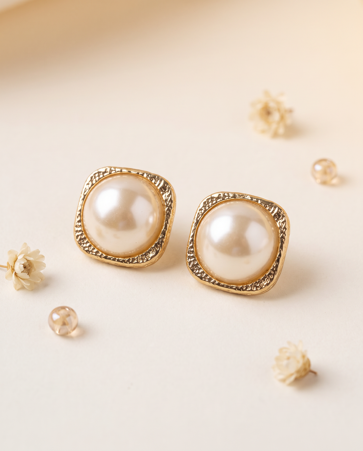 Golden Pearl Stud Earrings for Women | Elegant Square Statement Earrings