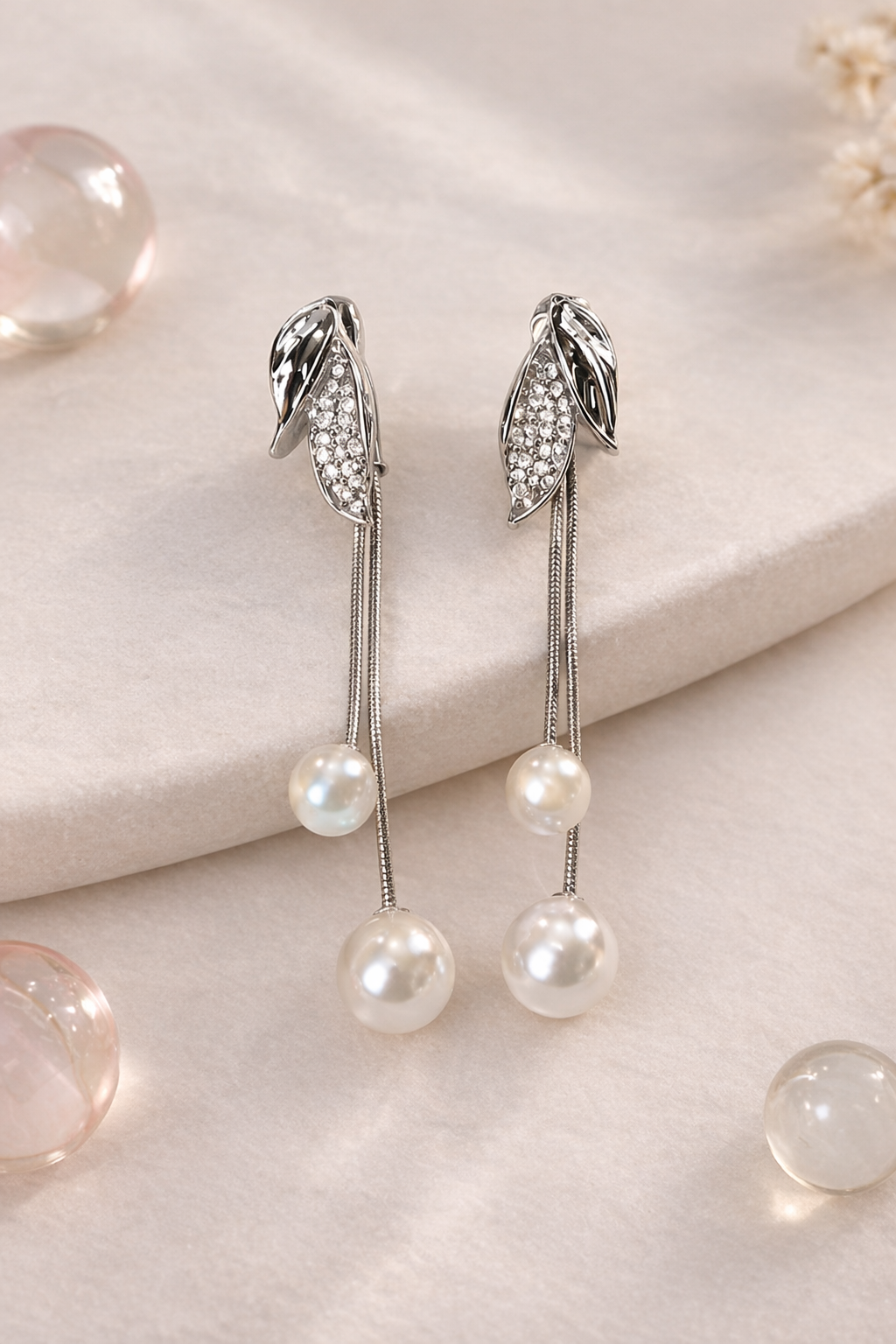 Pearl Drop Earrings | Crystal Leaf Design