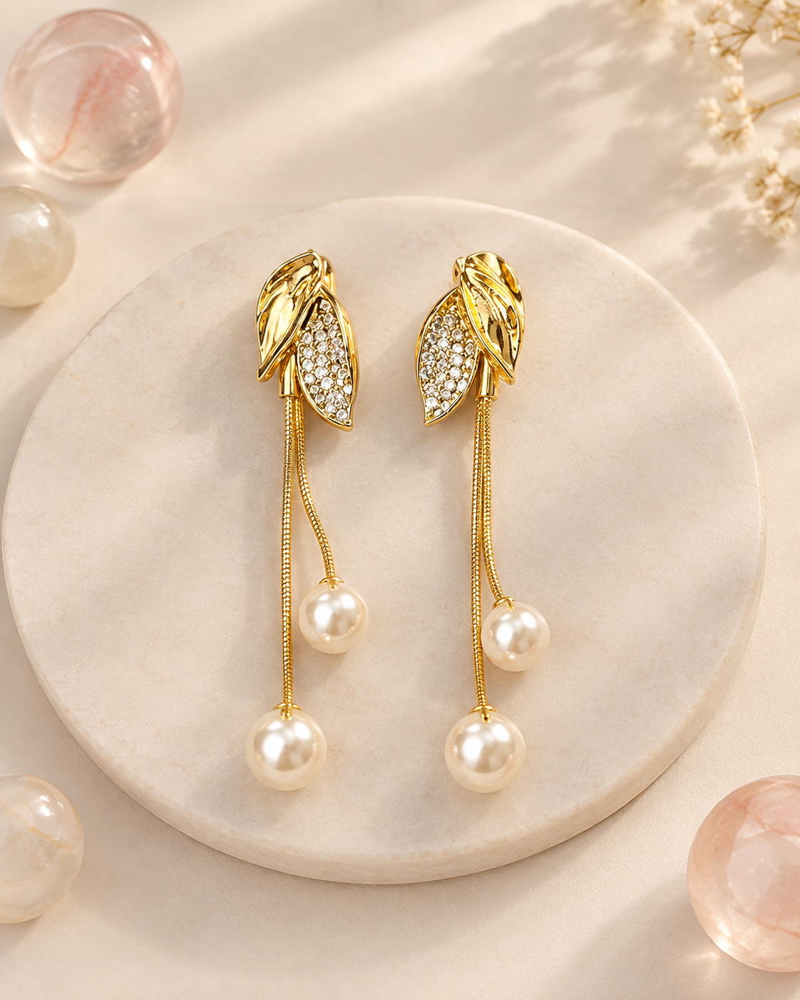 Pearl Drop Earrings | Crystal Leaf Design