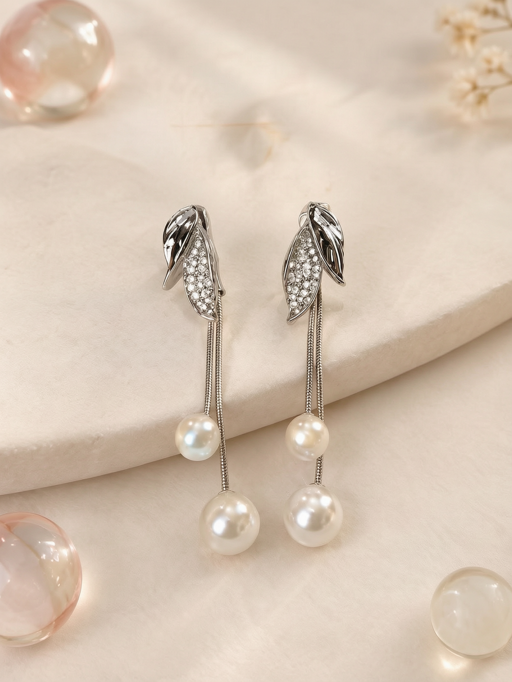 Pearl Drop Earrings | Crystal Leaf Design