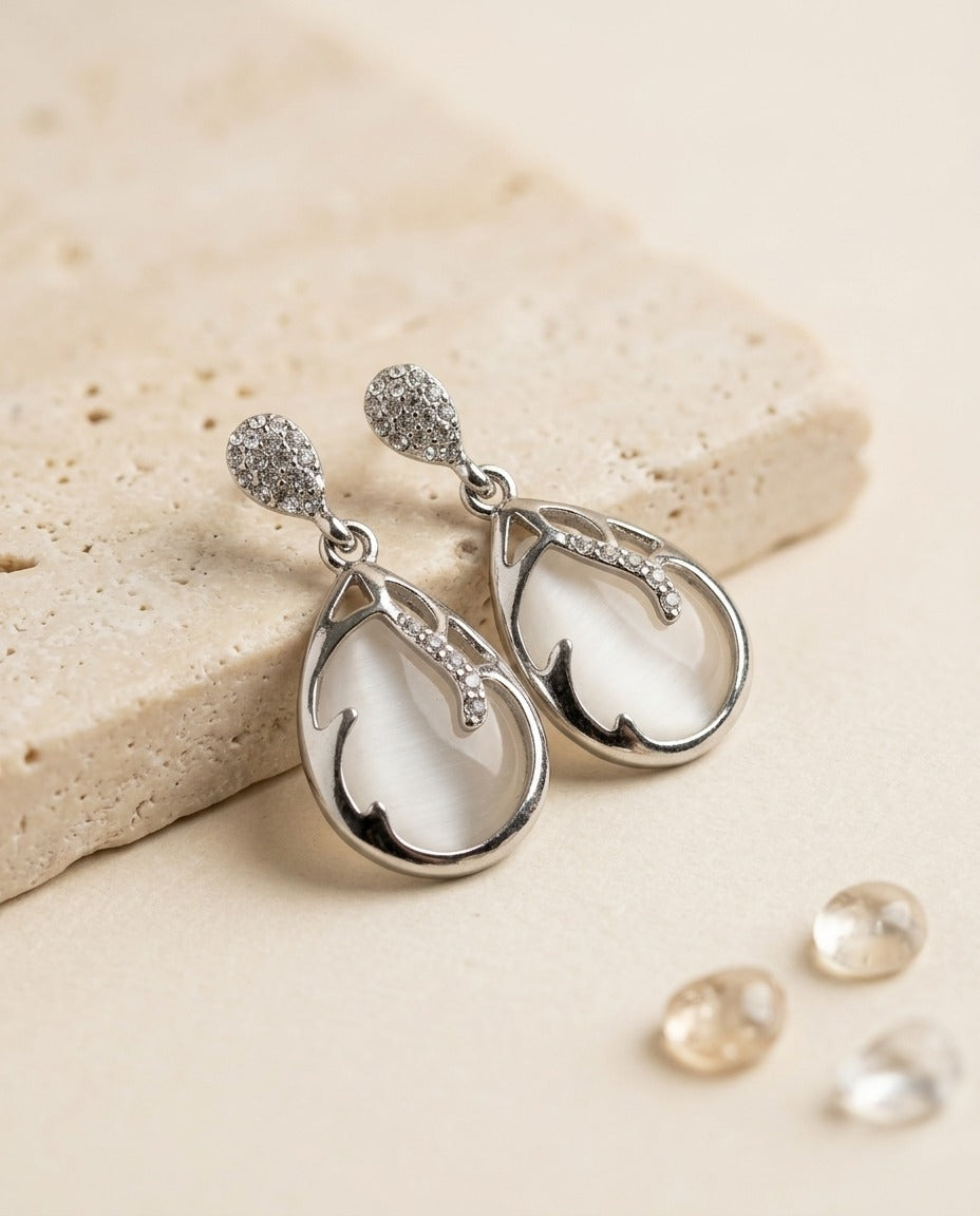 Silver Teardrop Cat Eye Earrings for Women |Elegant Statement Jewellery