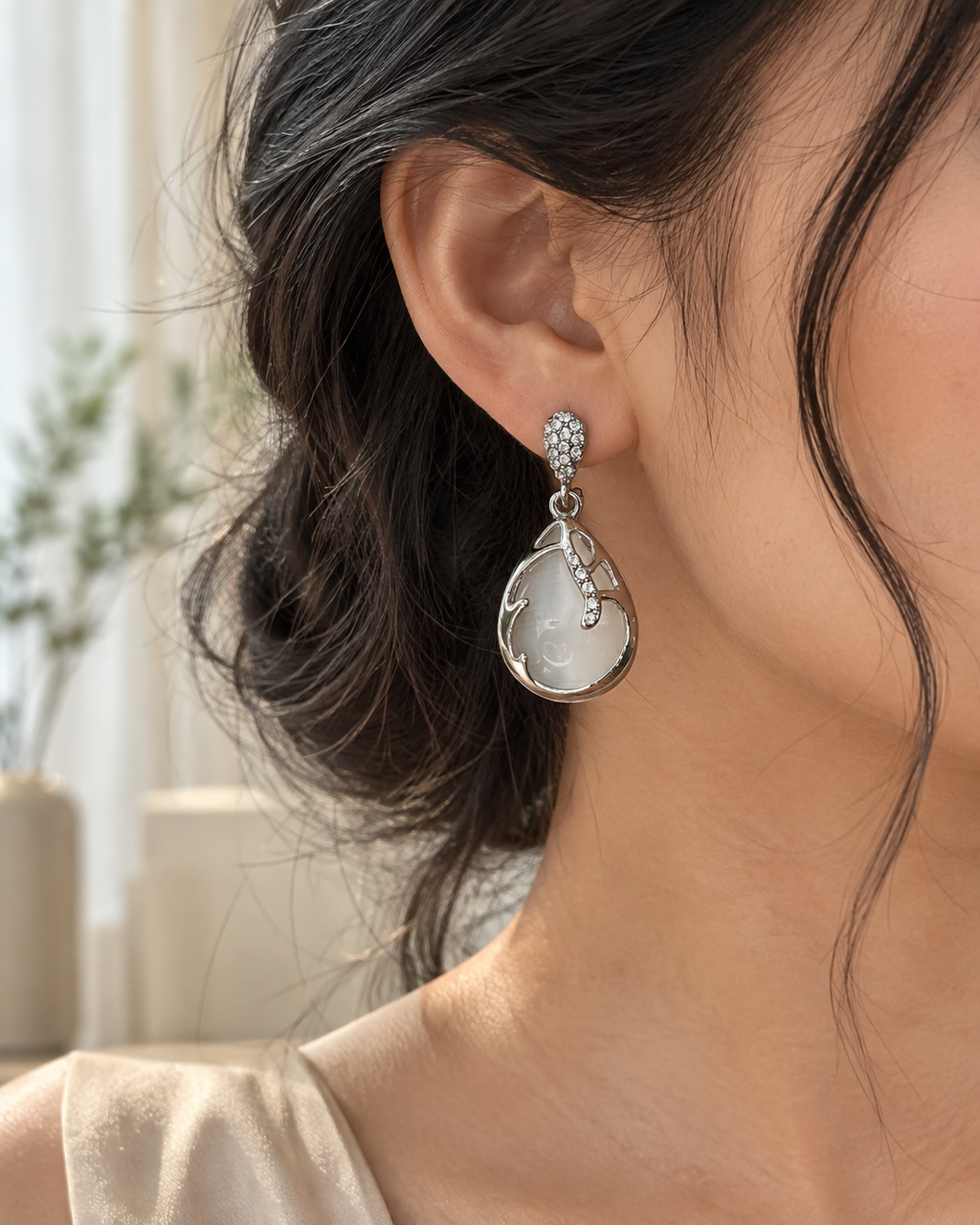 Silver Teardrop Cat Eye Earrings for Women |Elegant Statement Jewellery