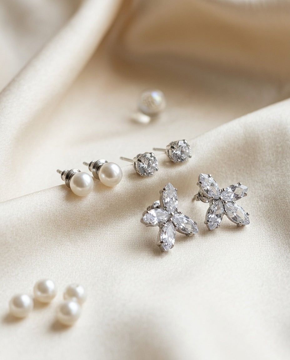 Silver Crystal Flower Stud Earrings for Women – Elegant 3-Piece Earrings Set