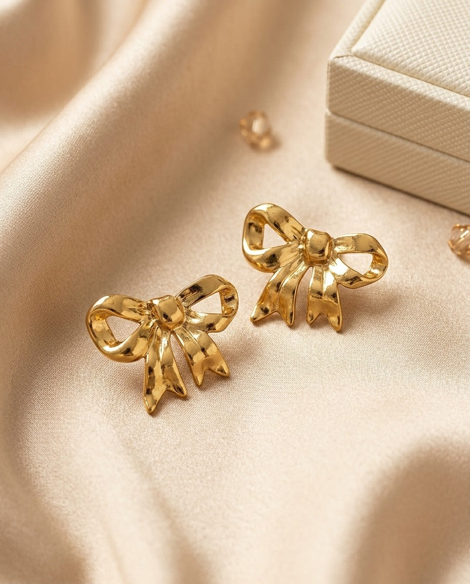 Gold Bow Stud Earrings for Women – Elegant Ribbon Bow Statement Jewellery