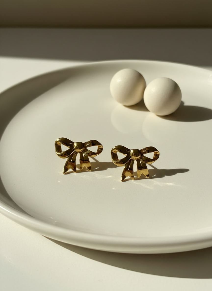 Gold Bow Stud Earrings for Women – Elegant Ribbon Bow Statement Jewellery