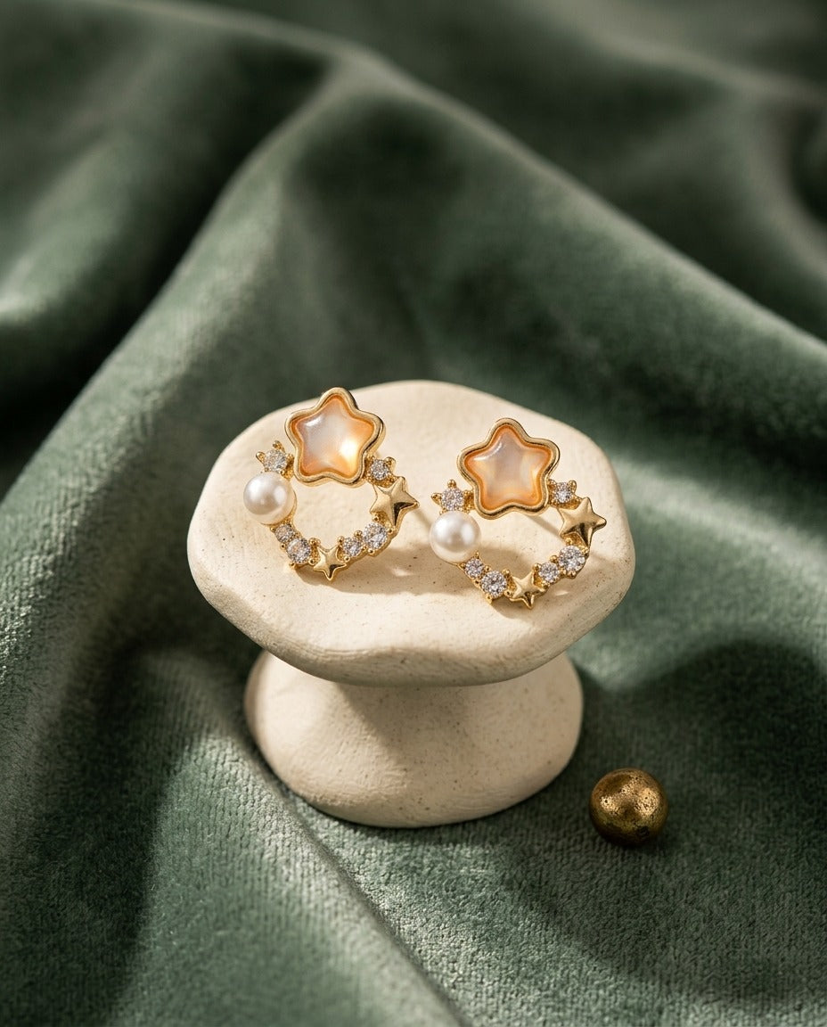 Gold Pearl Star Flower Earrings for Women – Elegant Crystal Statement Earrings