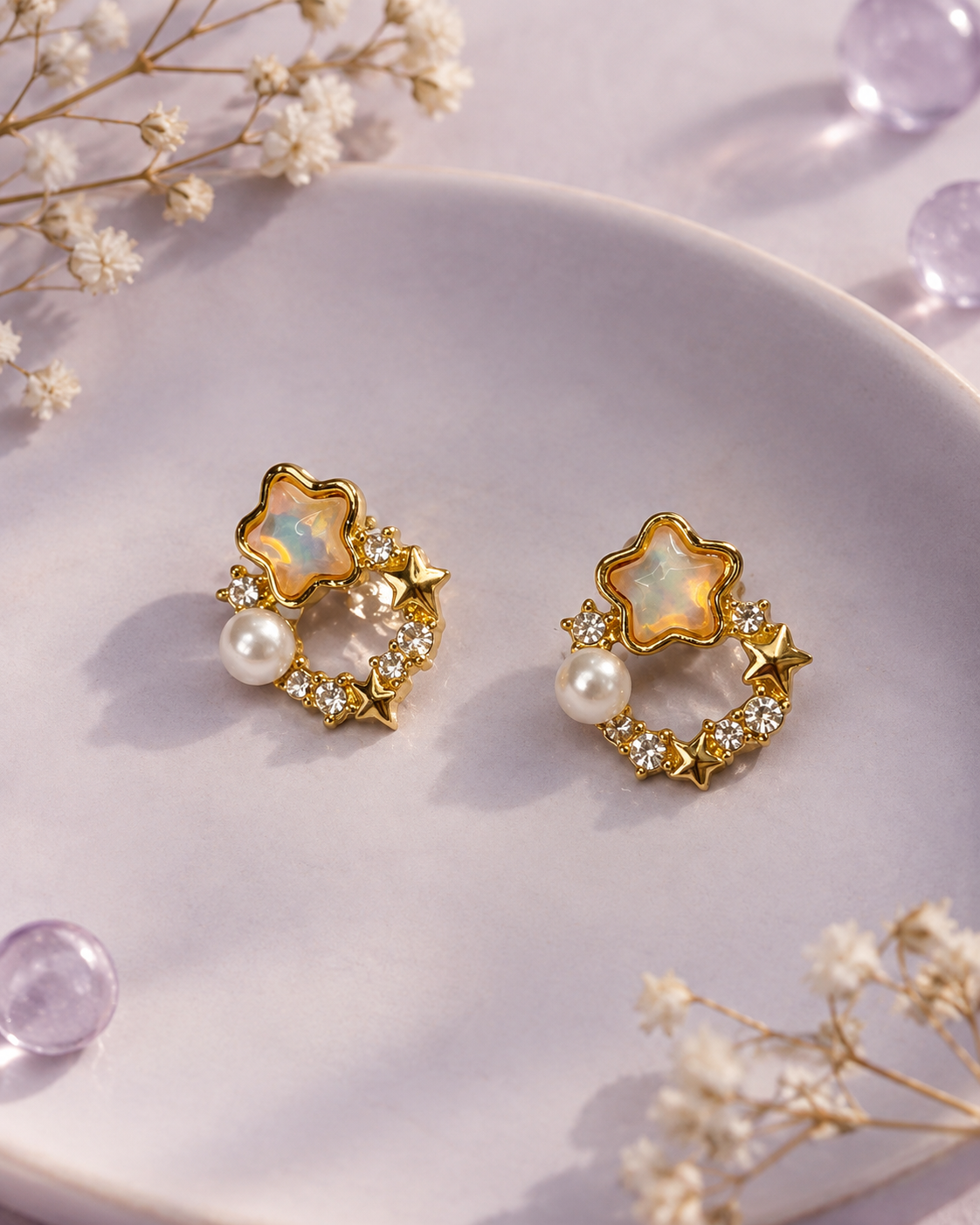 Gold Pearl Star Flower Earrings for Women – Elegant Crystal Statement Earrings