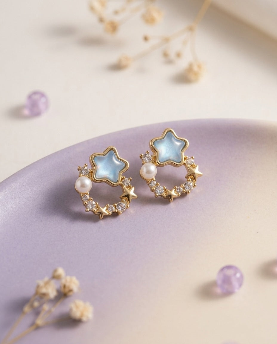 Gold Pearl Star Flower Earrings for Women – Elegant Crystal Statement Earrings