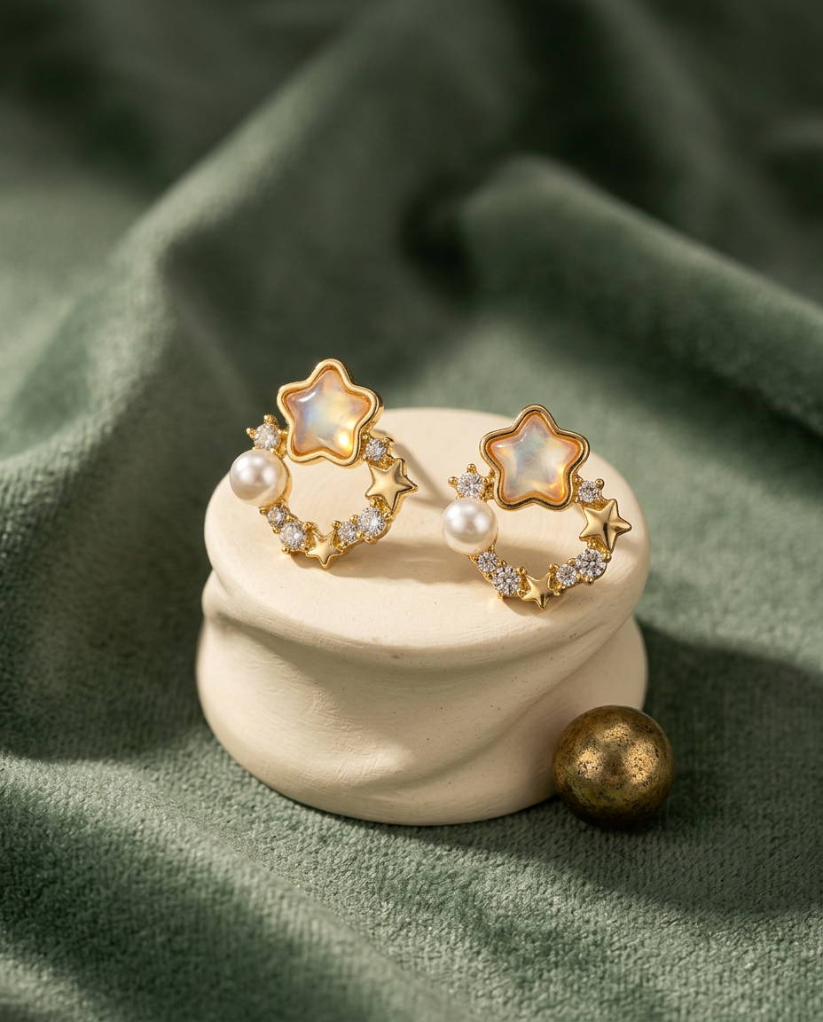 Gold Pearl Star Flower Earrings for Women – Elegant Crystal Statement Earrings