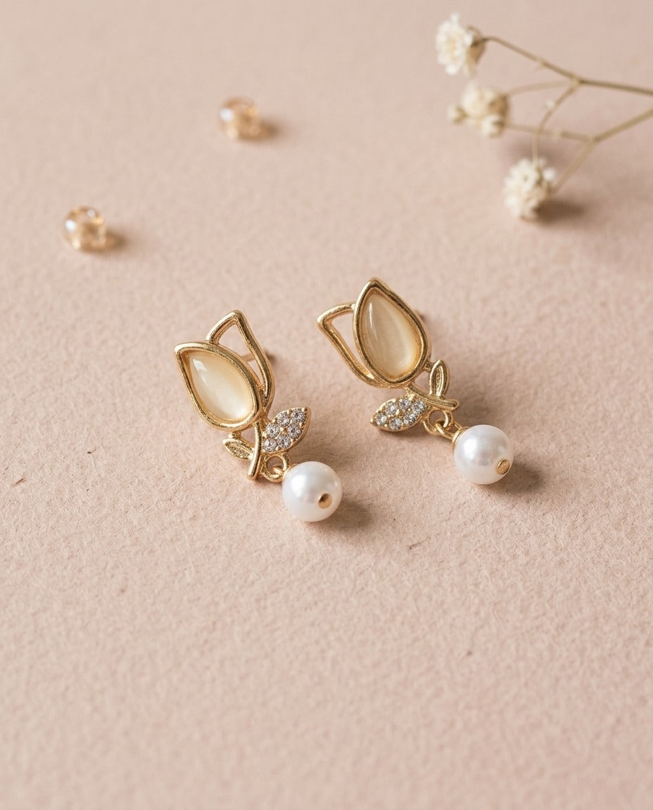 Gold Pearl Drop Earrings for Women – Elegant Floral Stud Earrings