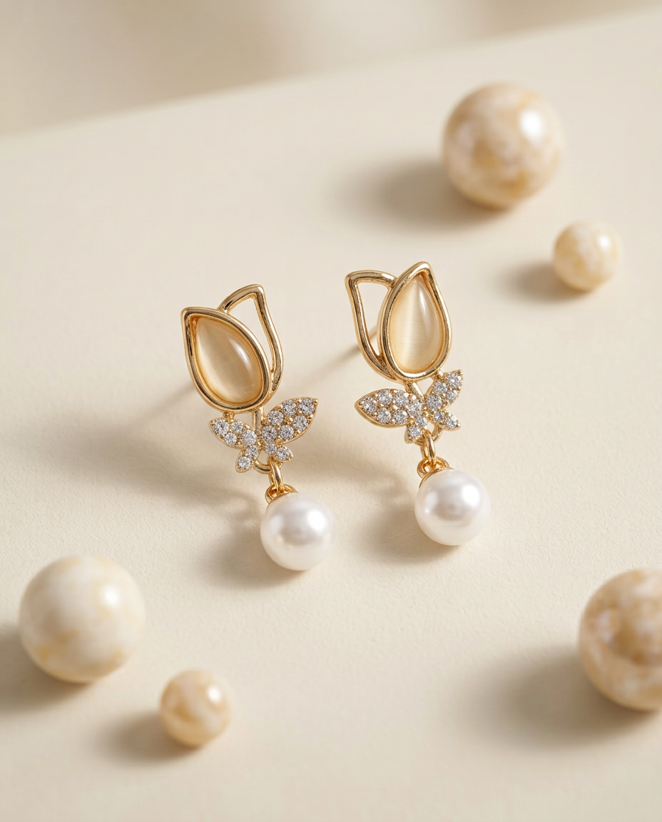 Gold Pearl Drop Earrings for Women – Elegant Floral Stud Earrings