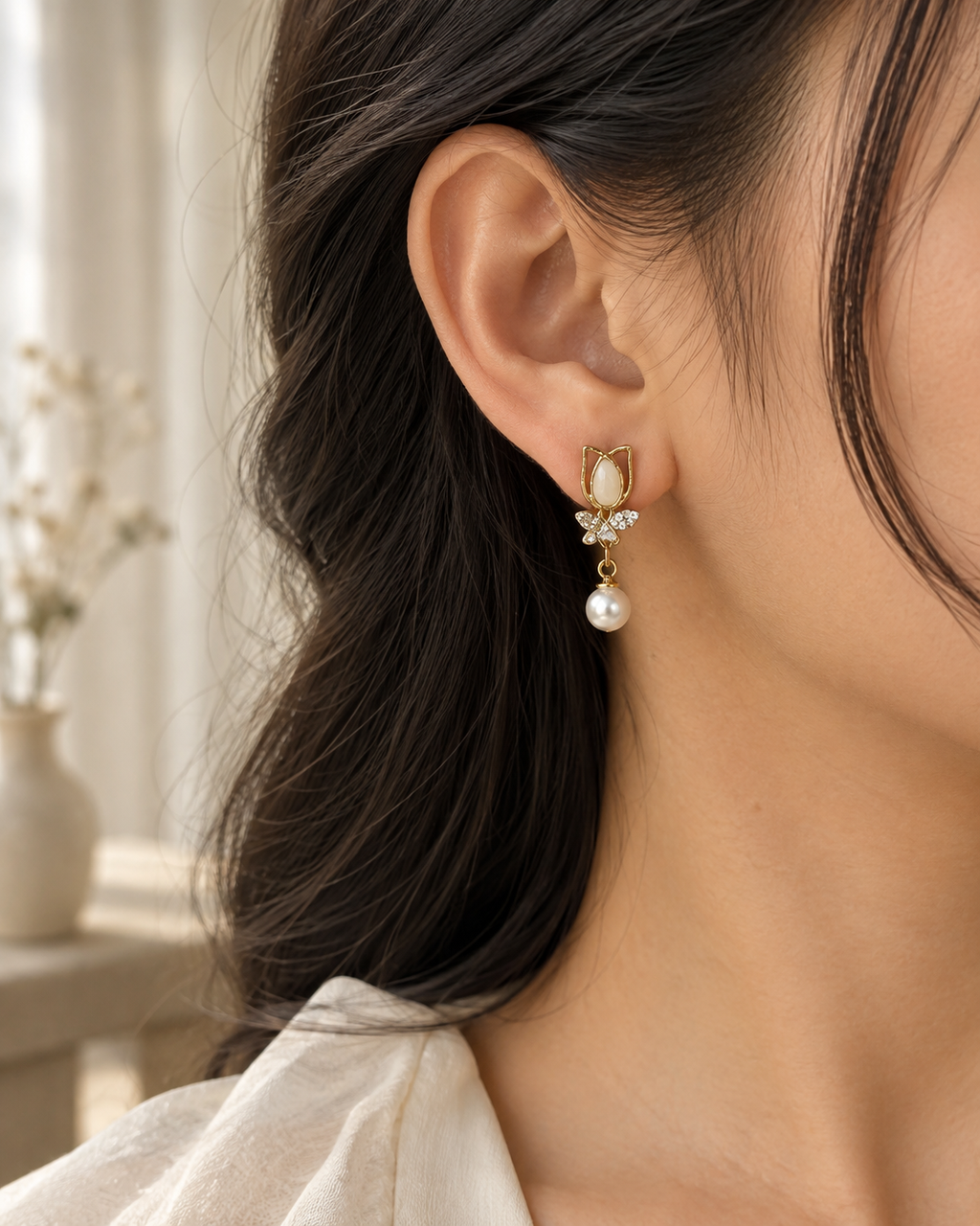 Gold Pearl Drop Earrings for Women – Elegant Floral Stud Earrings