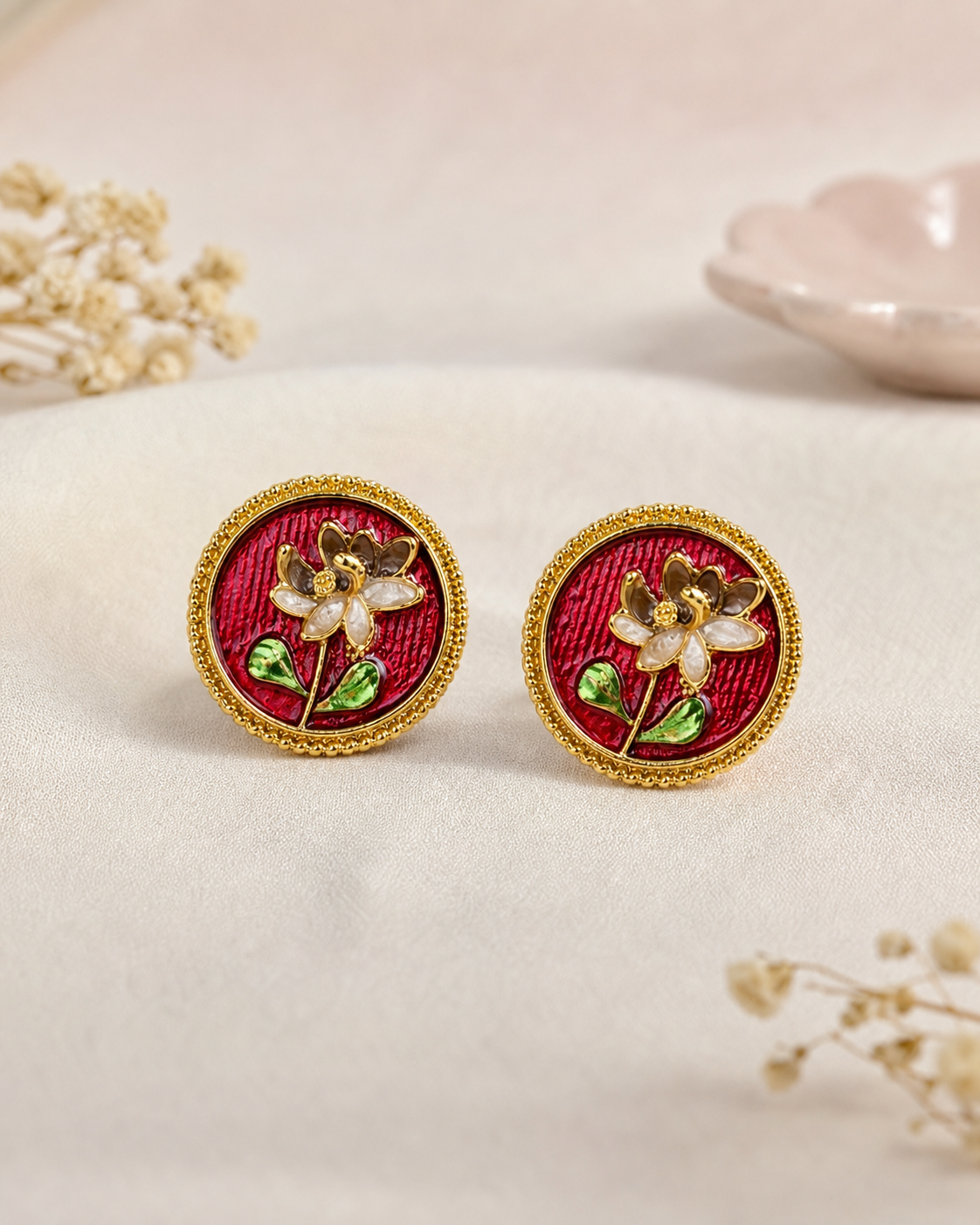 Handcrafted Red Floral Stud Earrings for Women – Gold-Tone Statement Earrings