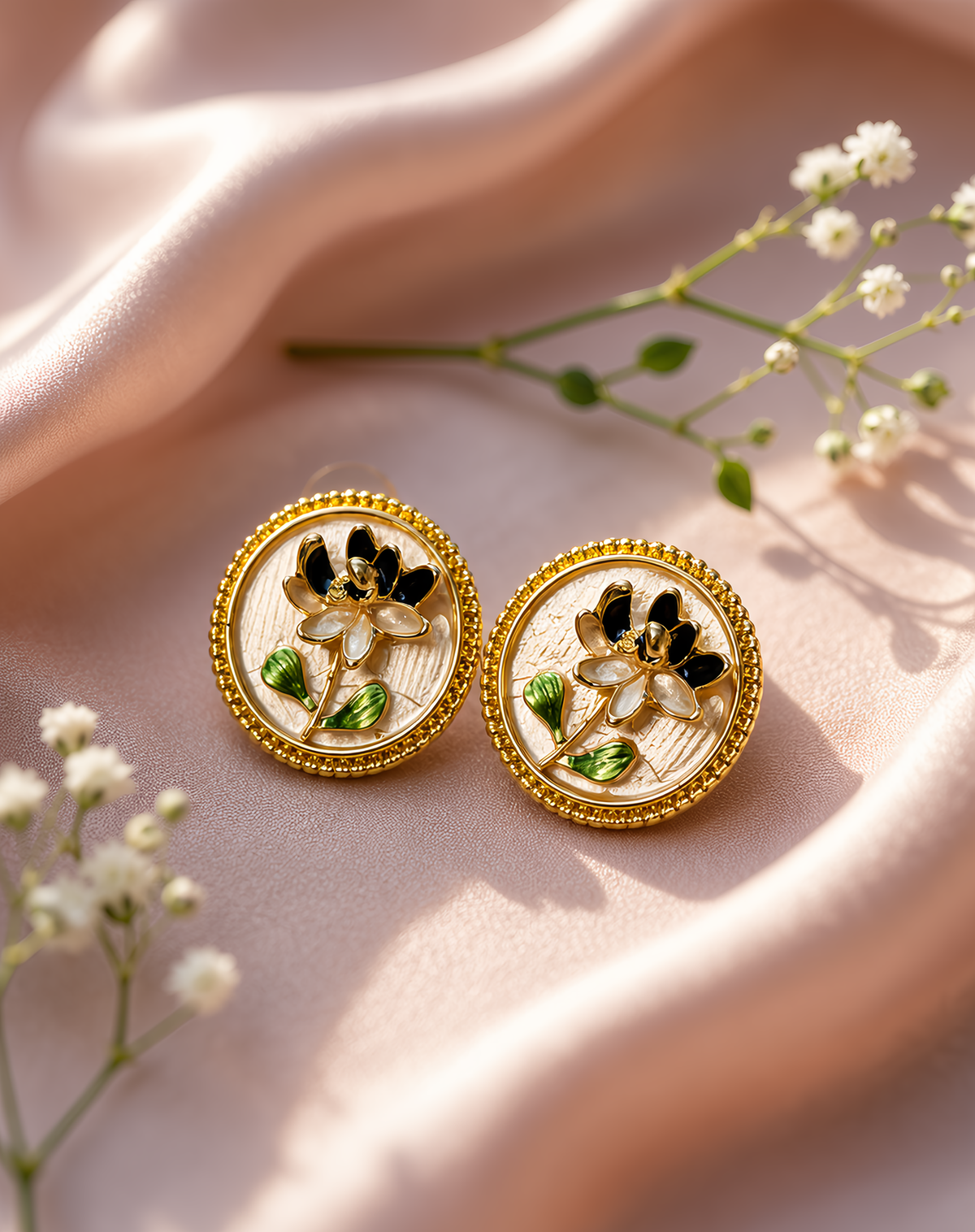 Handcrafted Gold Floral Stud Earrings for Women – Elegant Enamel Flower Earrings