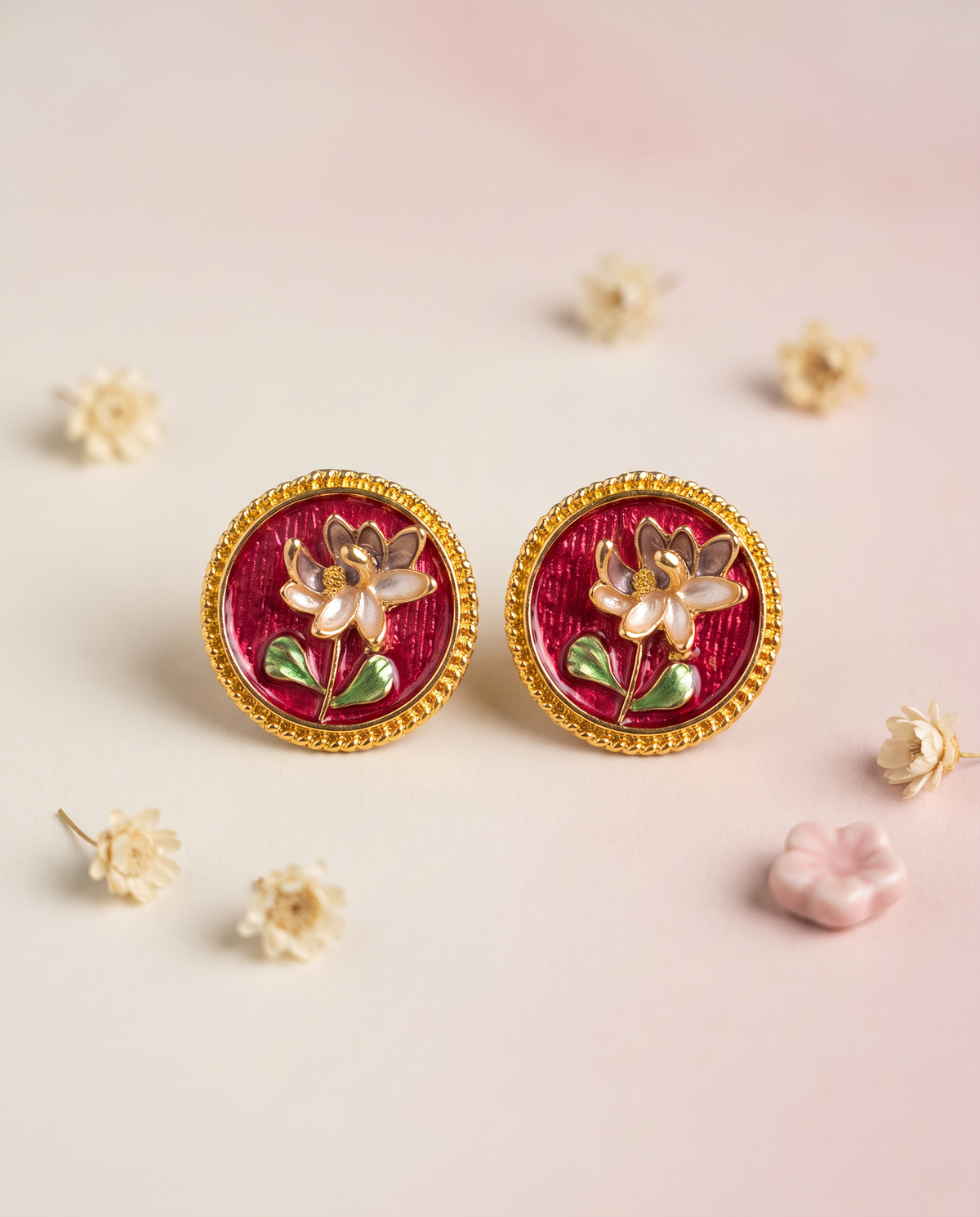 Handcrafted Red Floral Stud Earrings for Women – Gold-Tone Statement Earrings