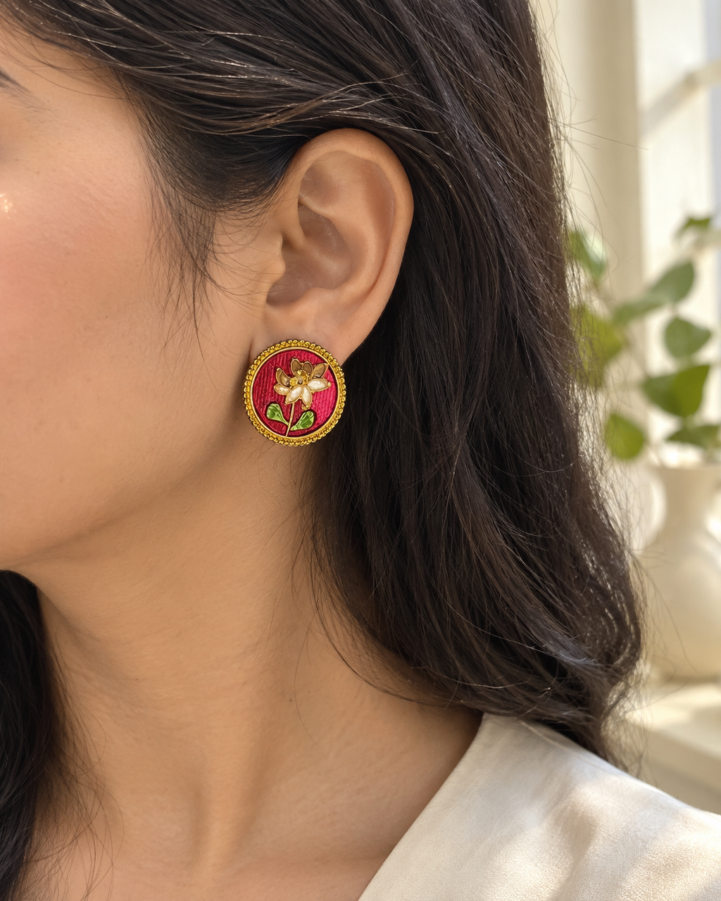 Handcrafted Red Floral Stud Earrings for Women – Gold-Tone Statement Earrings