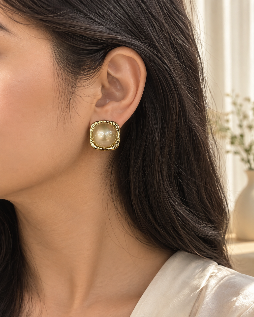 Golden Pearl Stud Earrings for Women | Elegant Square Statement Earrings